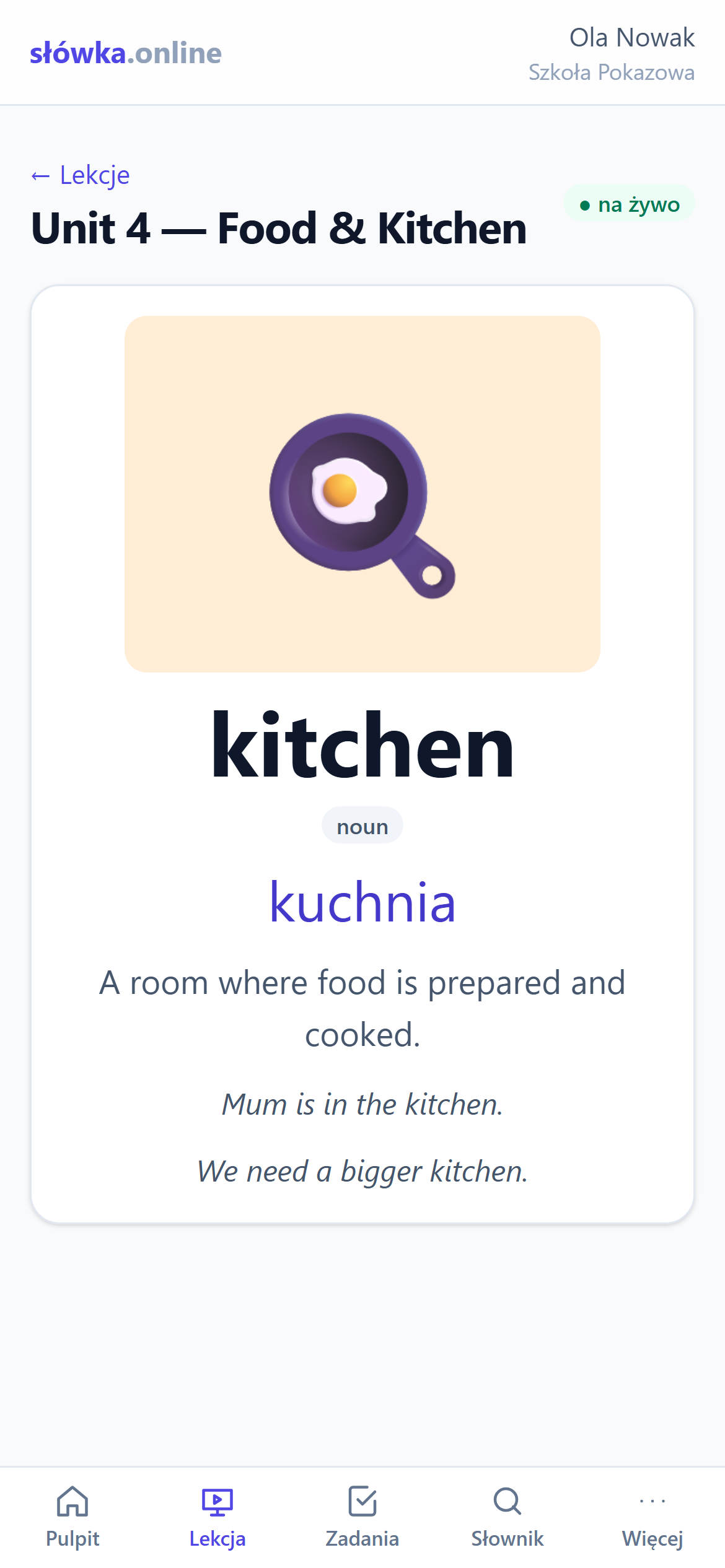 Telefon ucznia wyświetlający słowo kitchen z tłumaczeniem, definicją i przykładami