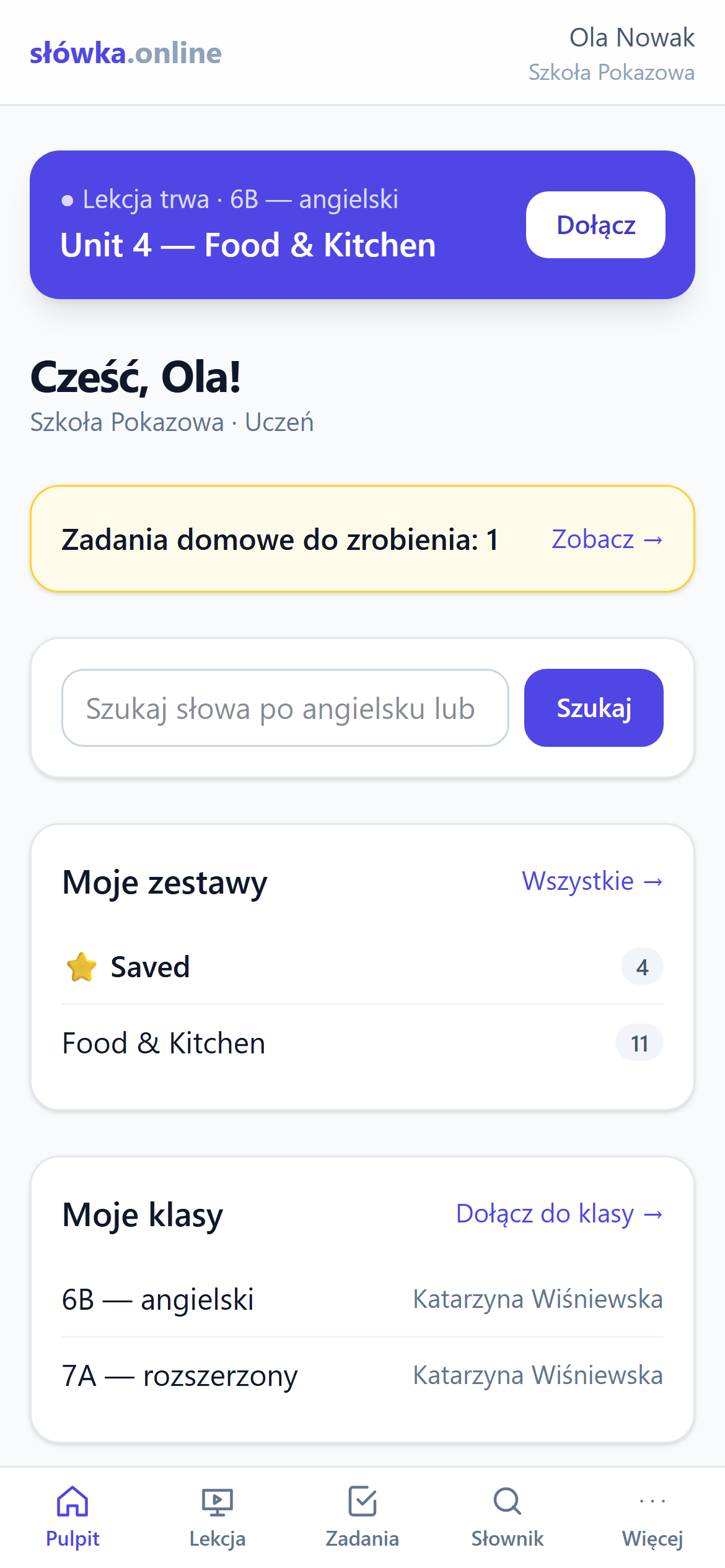 Pulpit ucznia z trwającą lekcją i zadaniami do zrobienia