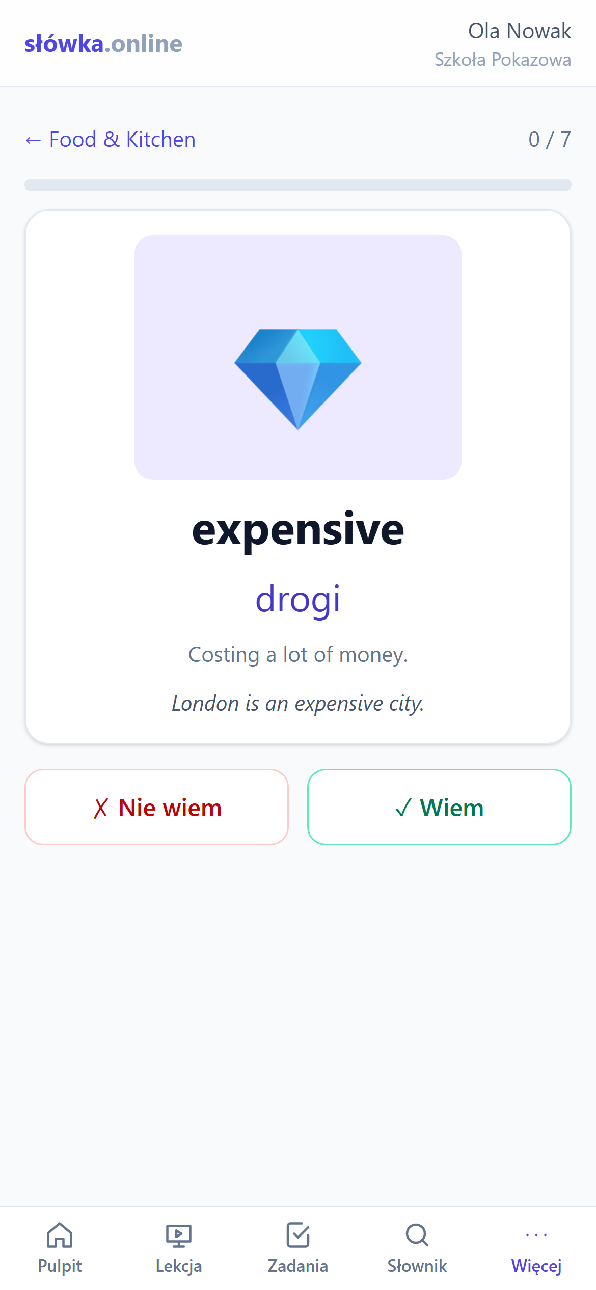 Fiszka na telefonie: expensive, drogi, z obrazkiem i przykładem